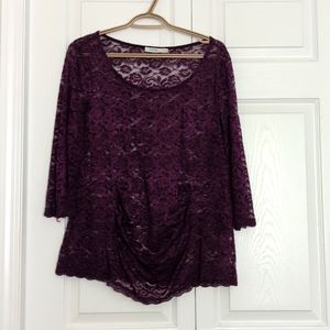 Purple lace blouse with rouching in midsection